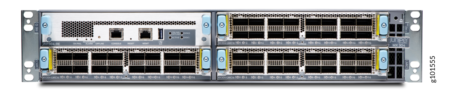 Juniper Networks MX304 router with high-speed network ports, management interfaces, status LEDs, and a modular, rack-mountable design.