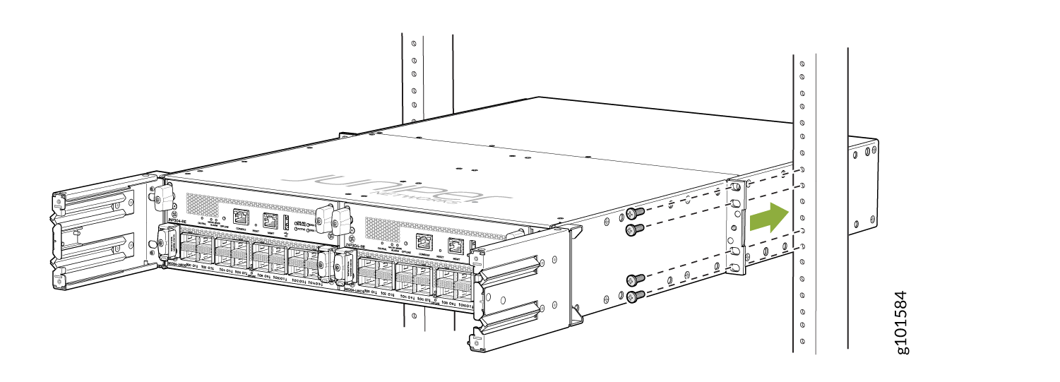 Juniper Networks rack-mounted device with ports and interfaces secured in server rack; green arrow for sliding direction.