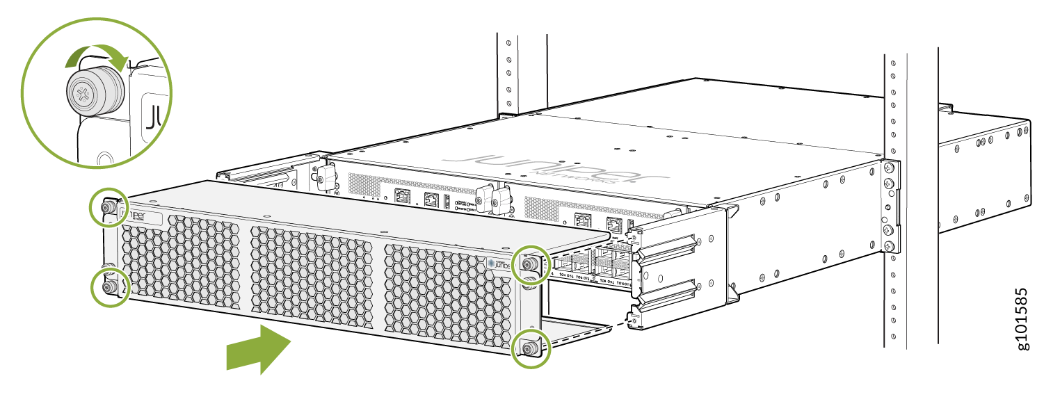 Juniper Networks device front panel removal with honeycomb design and green arrows showing screw direction for installation.
