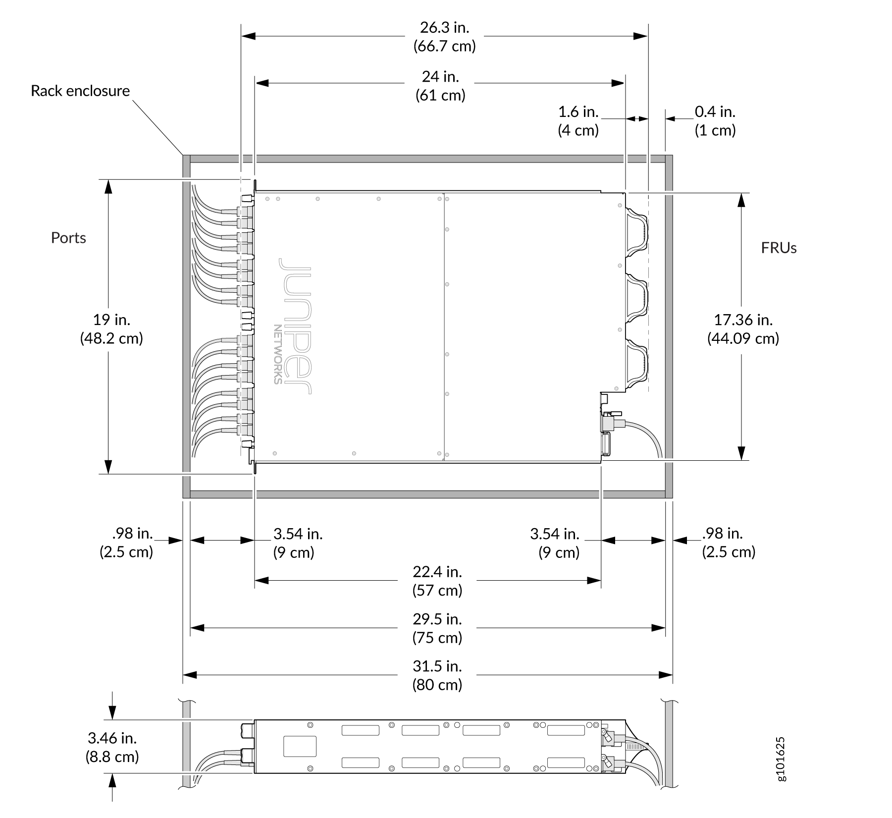 Technical diagram of a Juniper Networks rack-mounted device with labeled ports, FRUs, and dimensions for installation planning.