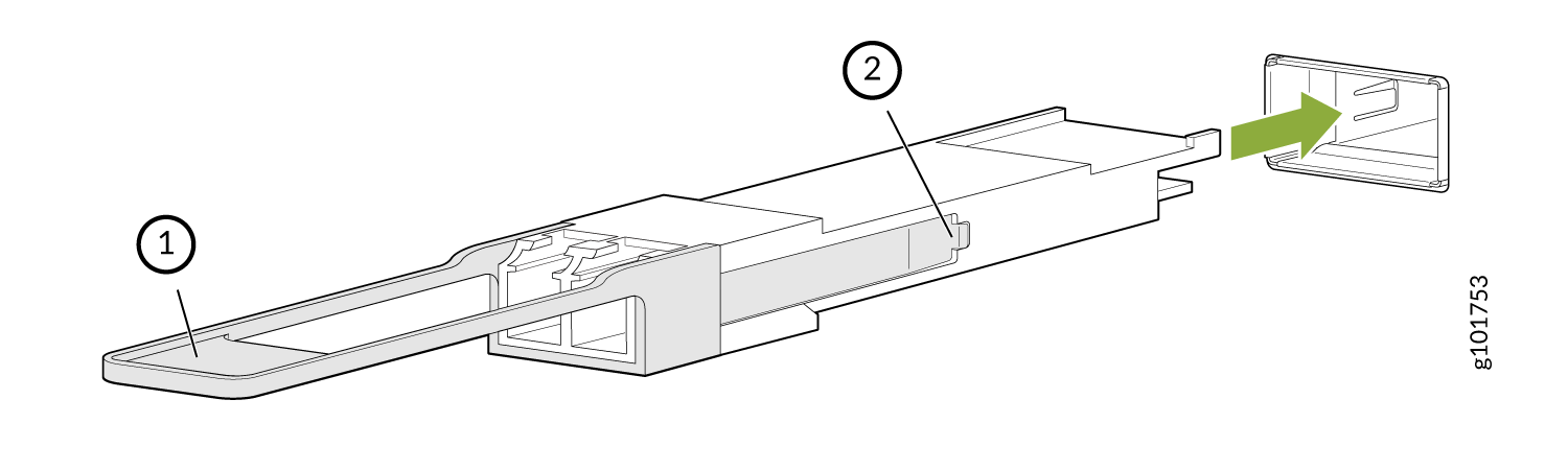 Exploded view of a component assembly with part 1 as a tapered rectangle and part 2 as a slot rectangle. An arrow shows a separate piece connecting.