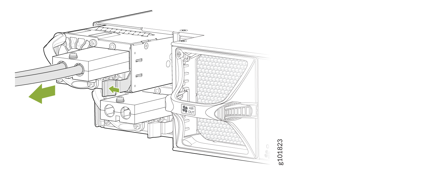 Technical illustration of a power supply unit removal or installation with arrows showing direction and AIR OUT label on fan grill.