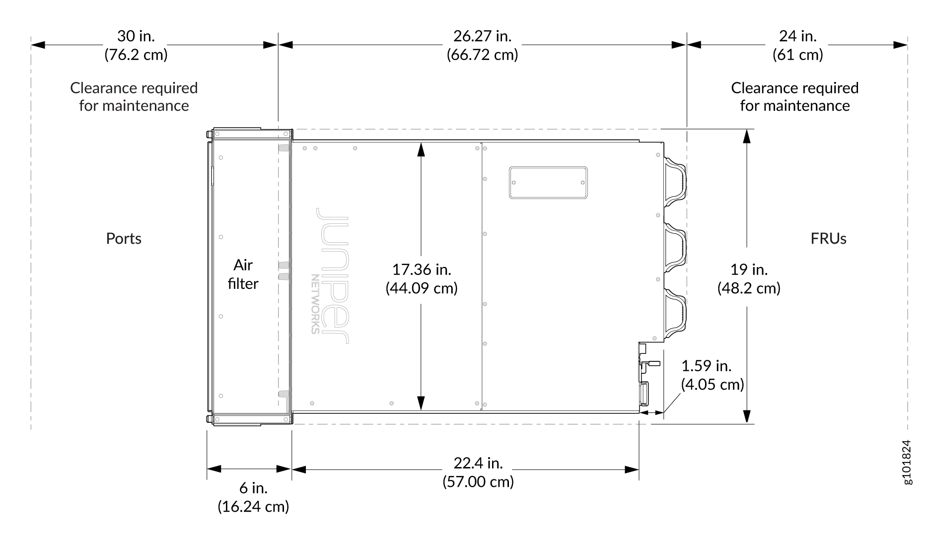 Technical diagram of a Juniper Networks device showing ports on left, central air filter, FRUs on right, and dimensions in inches and cm for maintenance planning.