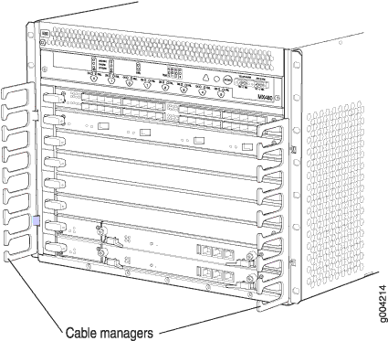 Technical diagram of a network switch chassis with slots for modular components and cable management features.