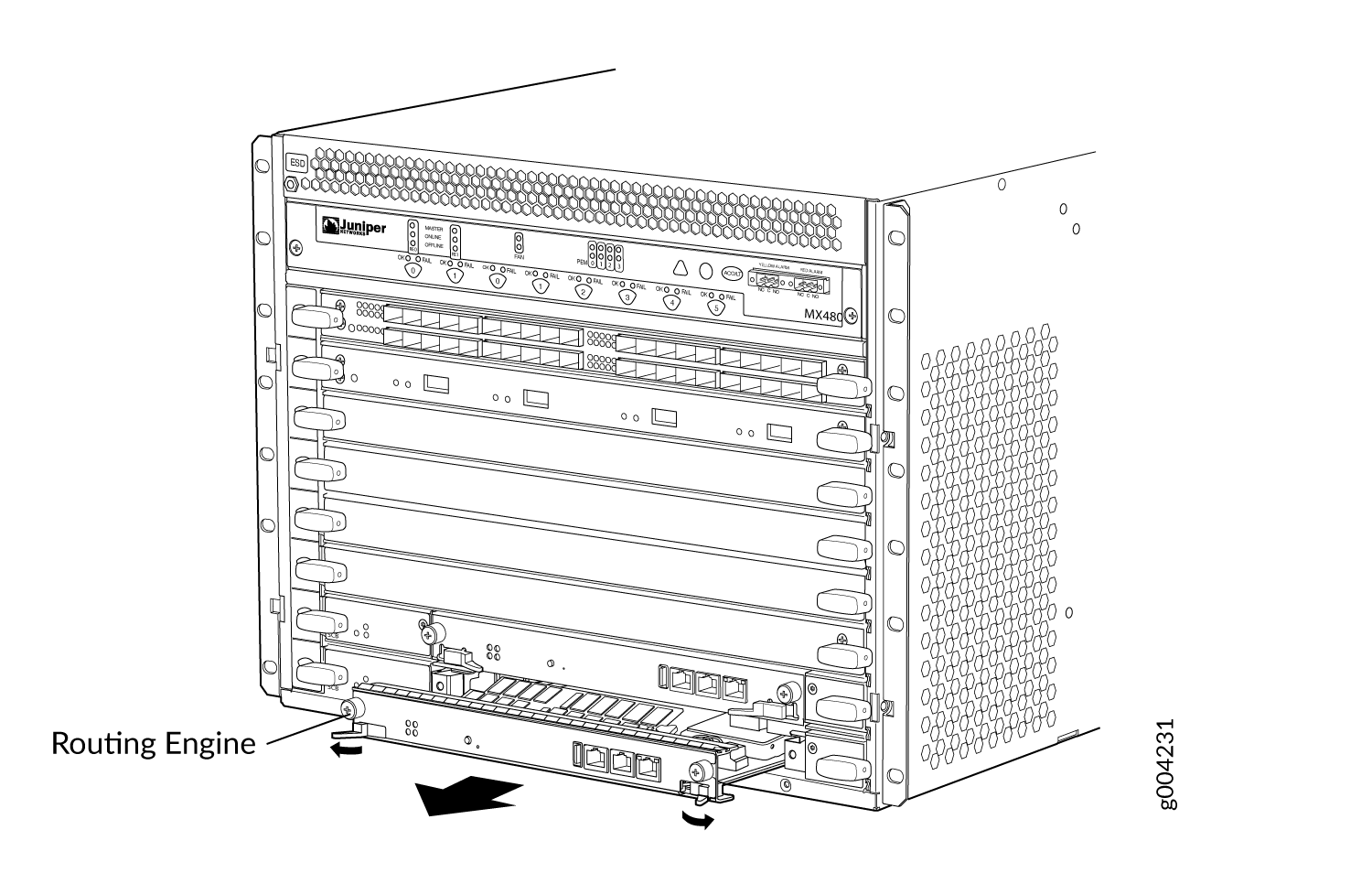 Juniper Networks MX480 router chassis with Routing Engine being removed or installed, highlighting control plane functions.