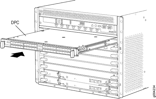Technical diagram of a network chassis with a Distributed Forwarding Card being inserted or removed.