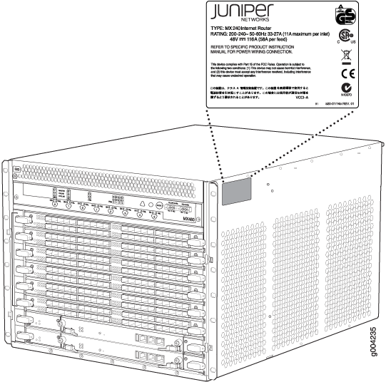 Juniper Networks MX240 router with highlighted physical design and label showing power ratings, certifications, and safety instructions.