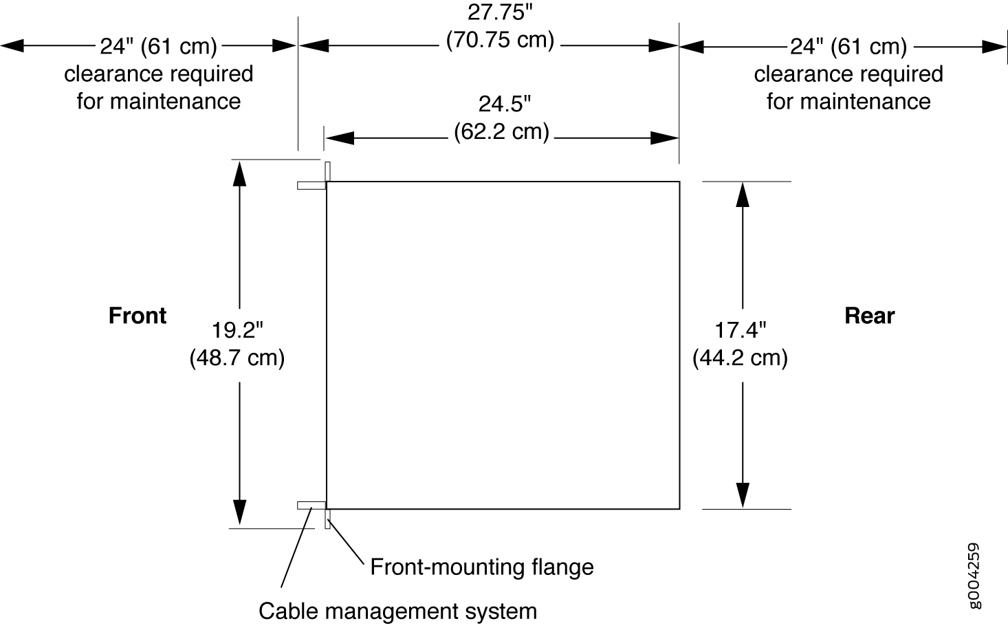Clearance Requirements for Airflow and Hardware Maintenance for an MX480 Router Chassis