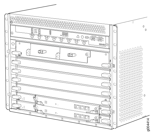 Juniper Networks MX480 router front view showing slots for line cards, power supplies, and cooling systems.