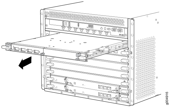 Line card being inserted into a network switch chassis with an arrow indicating direction.