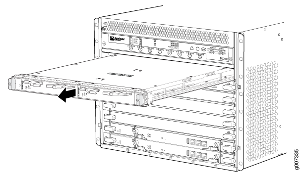 Line card being inserted into network switch chassis with arrow indicating insertion direction.