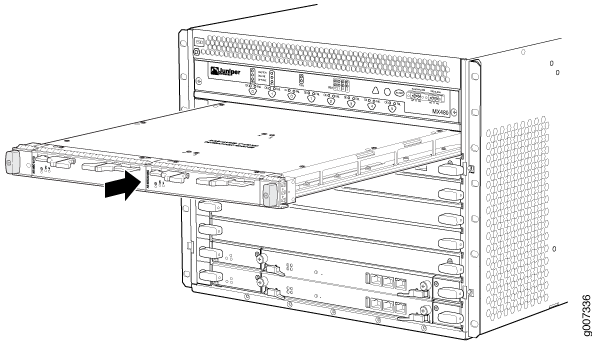 Technical illustration of a network equipment chassis with a module being inserted or removed.