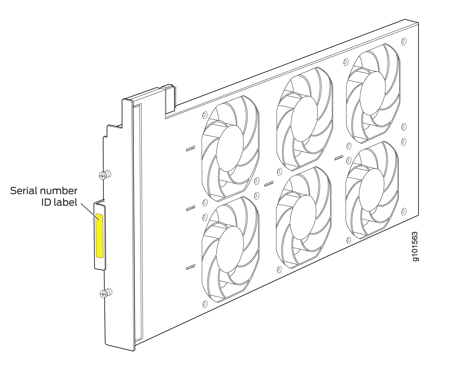 Cooling fan module with six fans in two rows of three, used for airflow in server equipment, labeled Serial number ID label.