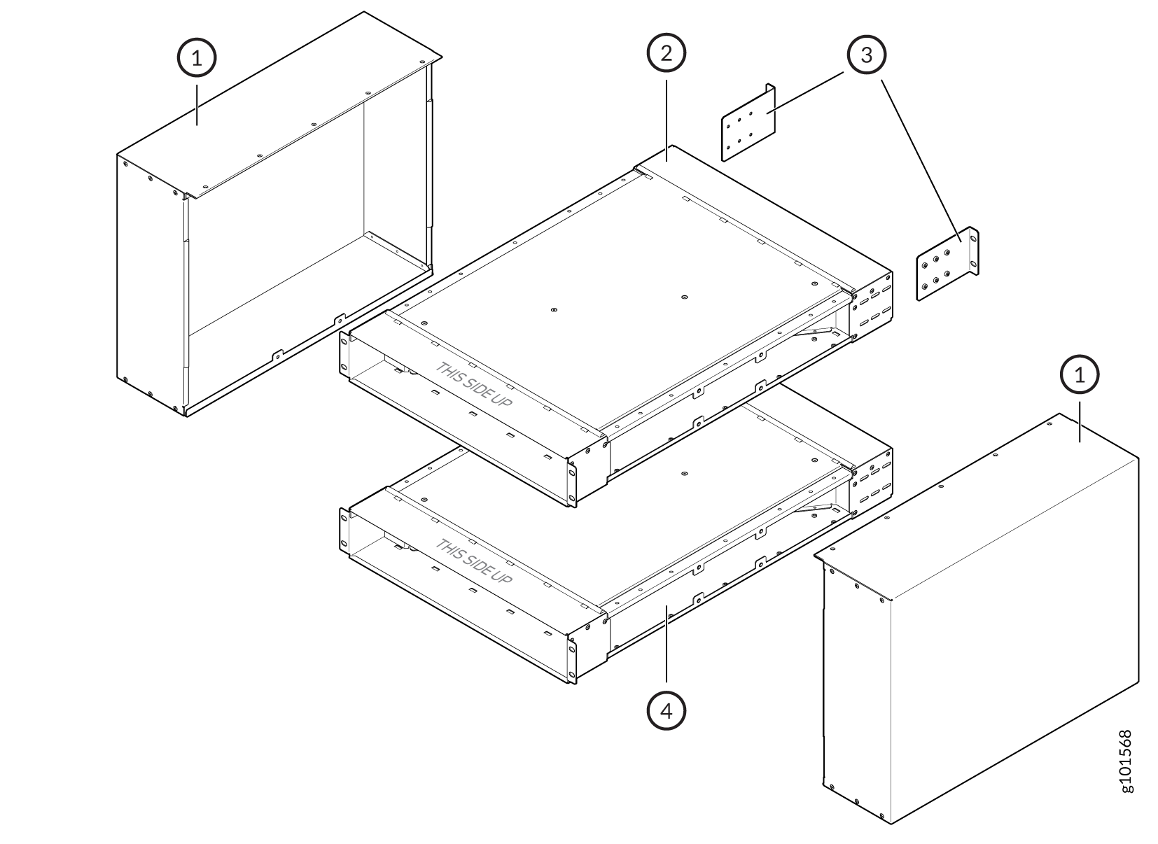 Exploded diagram of a modular assembly showing labeled components: outer enclosure, internal trays marked THIS SIDE UP, and mounting brackets.