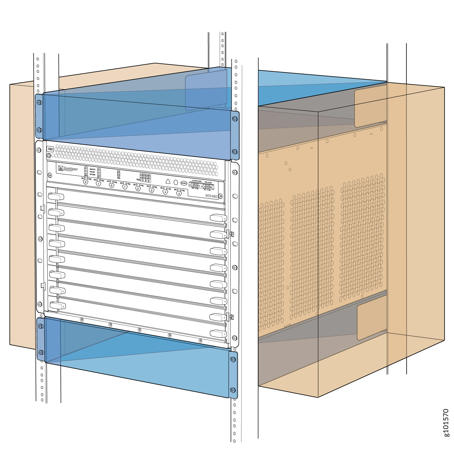 Juniper Networks MX480 router in rack with blue airflow panels and transparent sections showing placement.