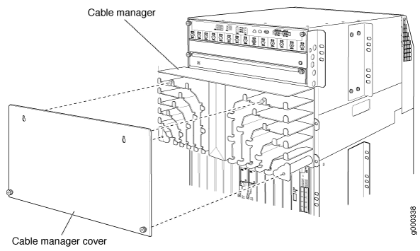 Diagram of a network cable manager with cover, organizing cables for neatness and protection in data centers.