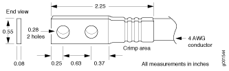 Technical drawing of a crimp terminal for 4 AWG conductor with dimensions: length 2.25 inches, hole diameter 0.28 inches, width 0.55 inches, material thickness 0.08 inches.