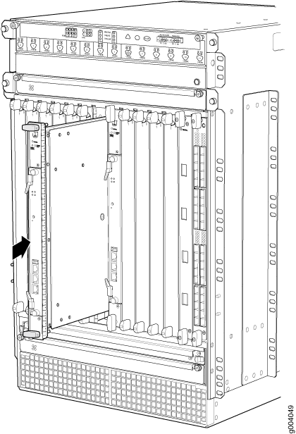 Technical diagram of a modular router chassis with slots for line cards and connectors for backplane interfacing.