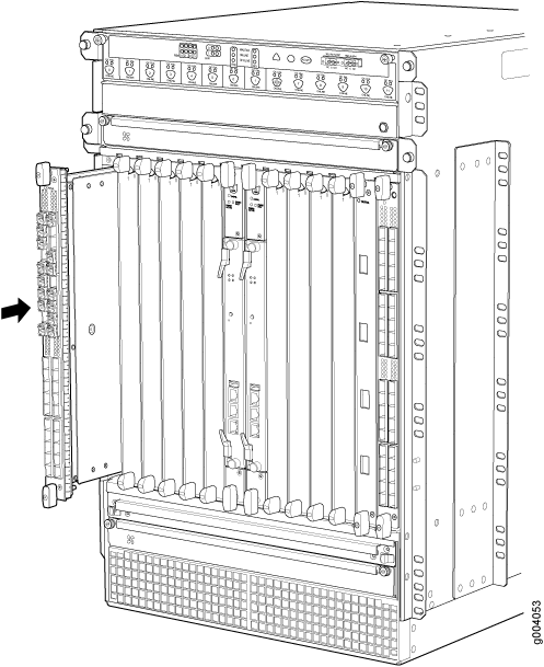 Technical drawing of a network equipment chassis with modular slots and open panel highlighting internal components and connections.