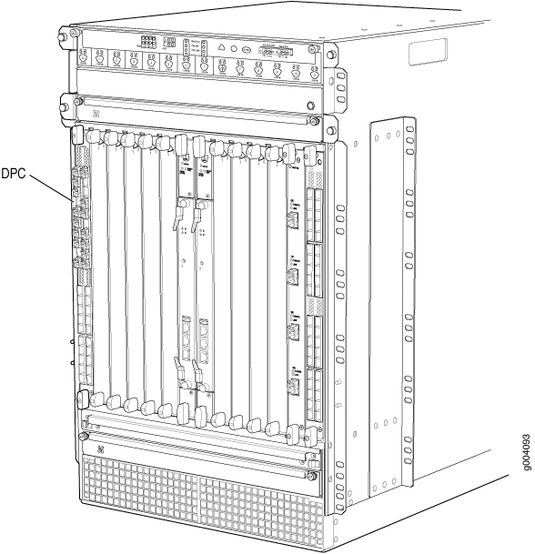 Technical diagram of a Juniper Networks chassis with Dense Port Concentrator module for high-density port connectivity.