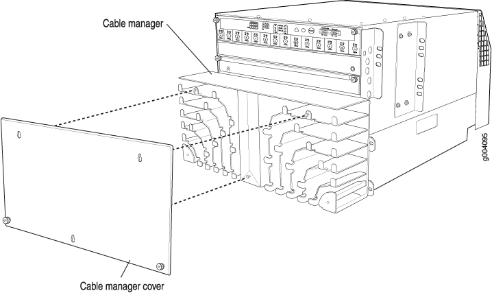 Technical diagram of a network cable management system with labeled cable manager and cover, emphasizing organization for efficiency.