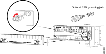 Installation diagram of optional ESD grounding jack on electronic equipment's rear panel, showing location and components like screws and grounding jack with attachment instructions.