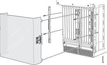 Exploded view of a computer server rack showing assembly components including front and side panels, with labels for installation.