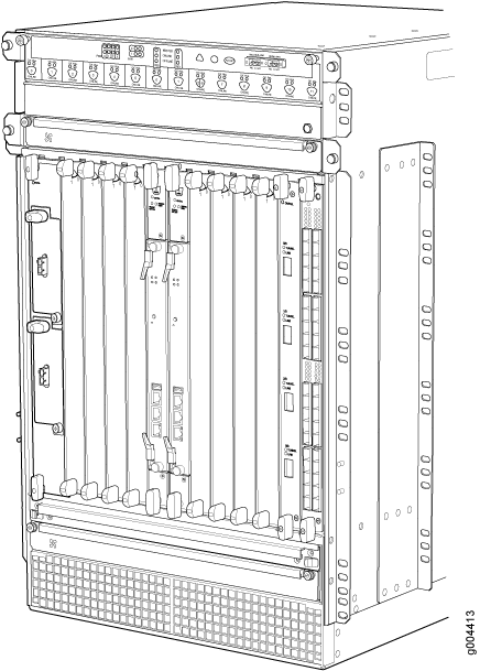 Line drawing of a network switch chassis with slots for modules and front panel ports for network cables.