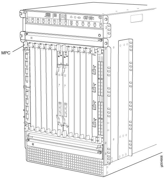 Line drawing of a modular router or switch chassis with labeled Modular Port Concentrator MPC and multiple slots for scalability.