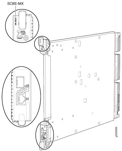 Technical drawing of a server blade highlighting control panel buttons, network ports, and power reset controls.