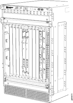 Technical diagram of a network equipment chassis with slots for line cards and power supplies.