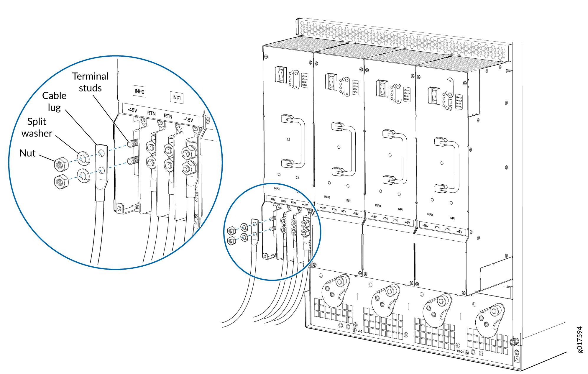 Technical illustration of an equipment rack with modules labeled INP0 and INP1, showing -48V and RTN connections.