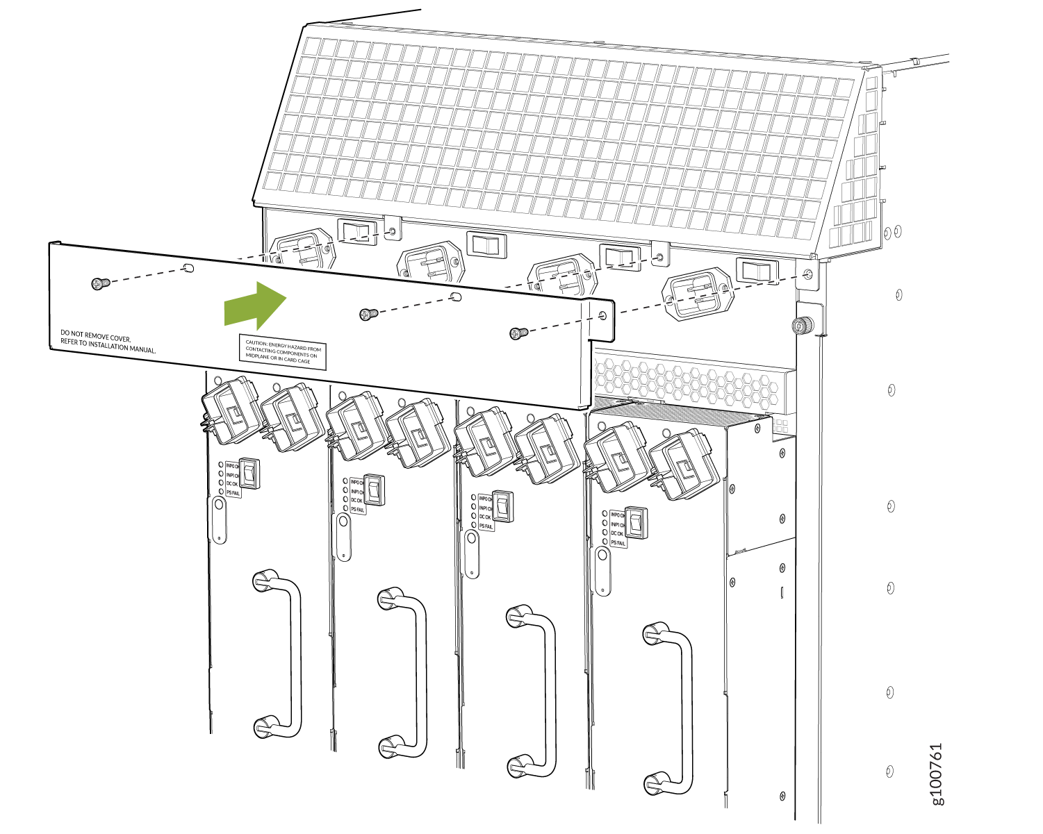 Electrical panel with circuit breakers and connectors. Green arrow highlights caution text advising not to remove cover and to check manual for high voltage safety.