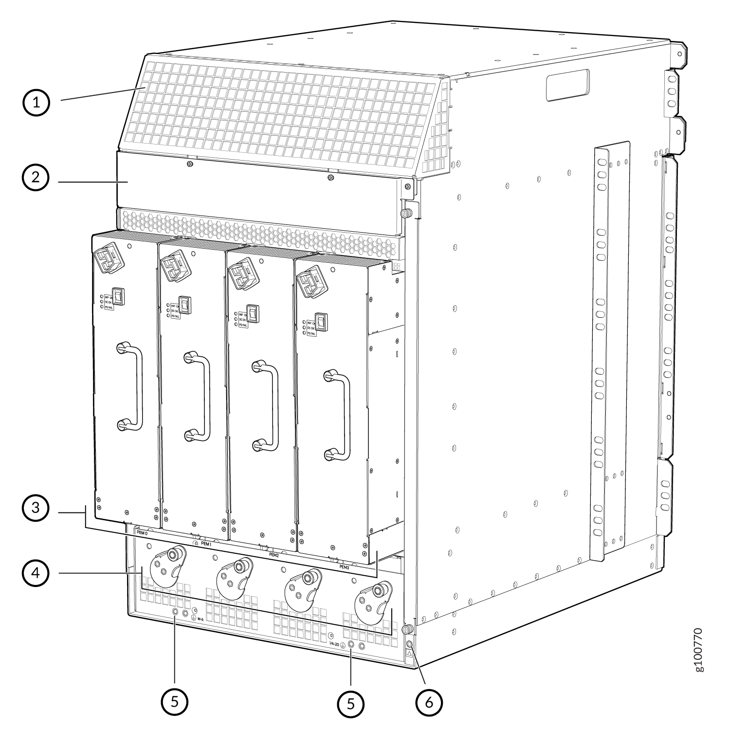 Rear View of a Fully Configured MX960 Router Chassis with High-Voltage Second-Generation Universal (HVAC/HVDC) Power Supplies