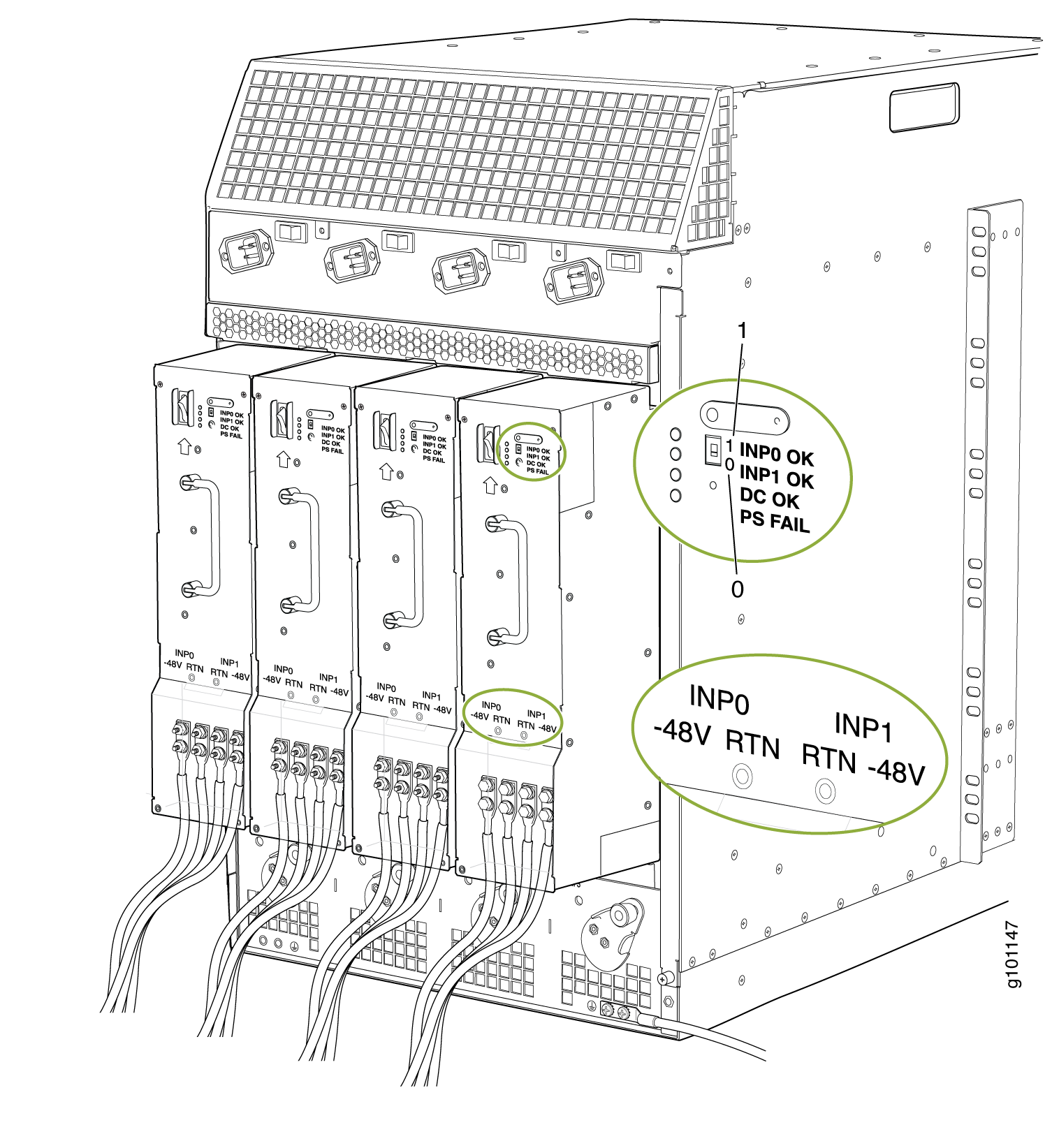 Technical diagram of a power supply system with labeled input connections, status indicators, and wiring for monitoring.