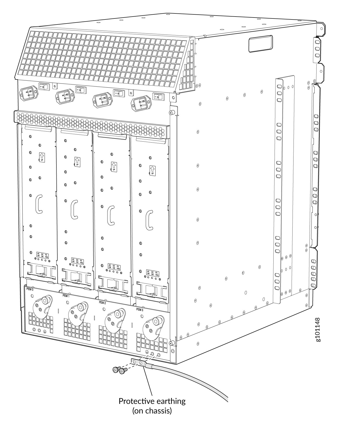 Technical drawing of a modular router chassis with slots for PEM modules and earthing connection for data center use.