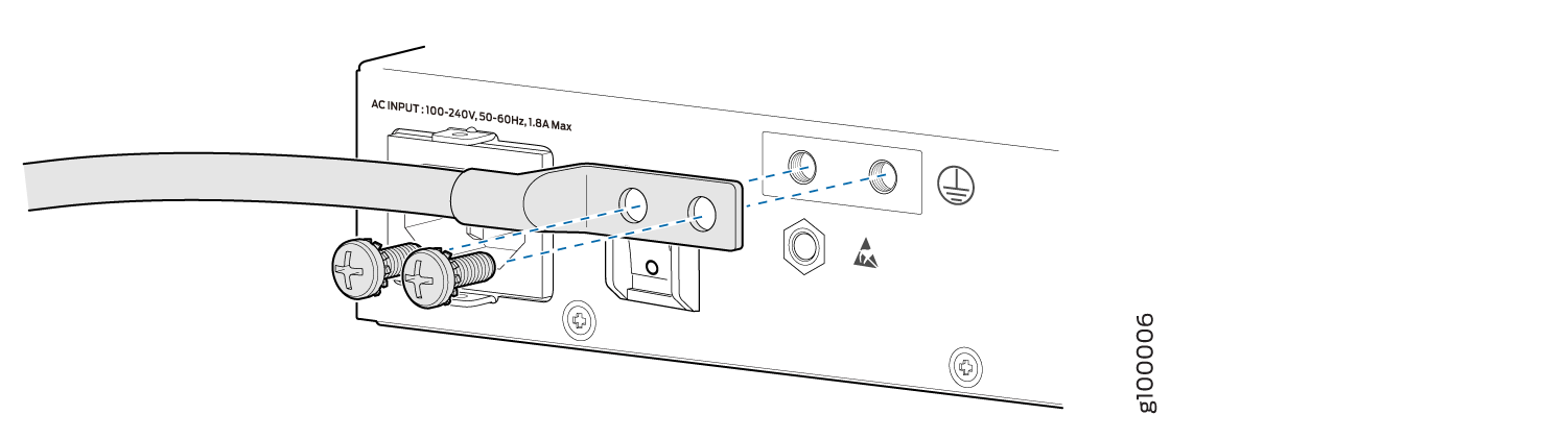 Grounding cable connected to device with labeled AC input 100-240V 50-60Hz 1.8A Max using screws.