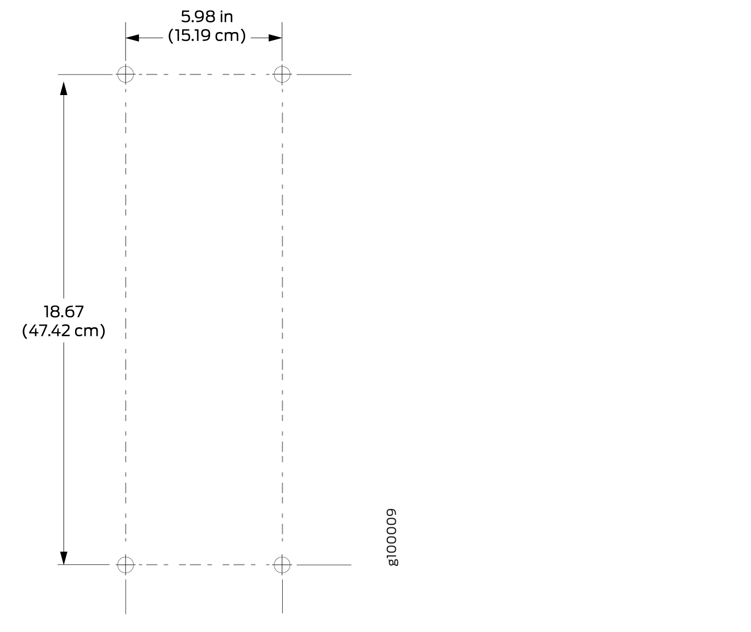 Rectangular object schematic showing dimensions: width 5.98 inches 15.19 cm, height 18.67 inches 47.42 cm. Includes dashed lines, corner circles, and number 600009.
