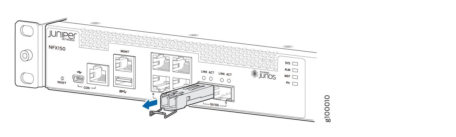 Juniper Networks NFX150 front panel with ports, RESET button, management and LAN/WAN ports, SFP slot with module insertion, and status LEDs.