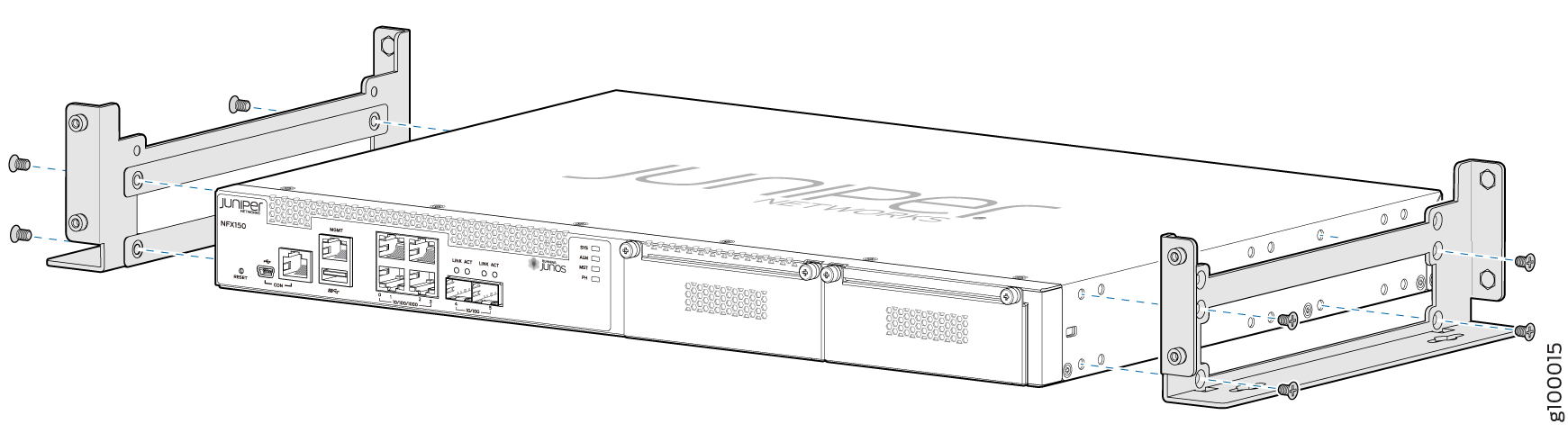 Juniper Networks NFX150 with rack-mounting brackets being secured, ready for installation, highlighting its role in virtualized network services.