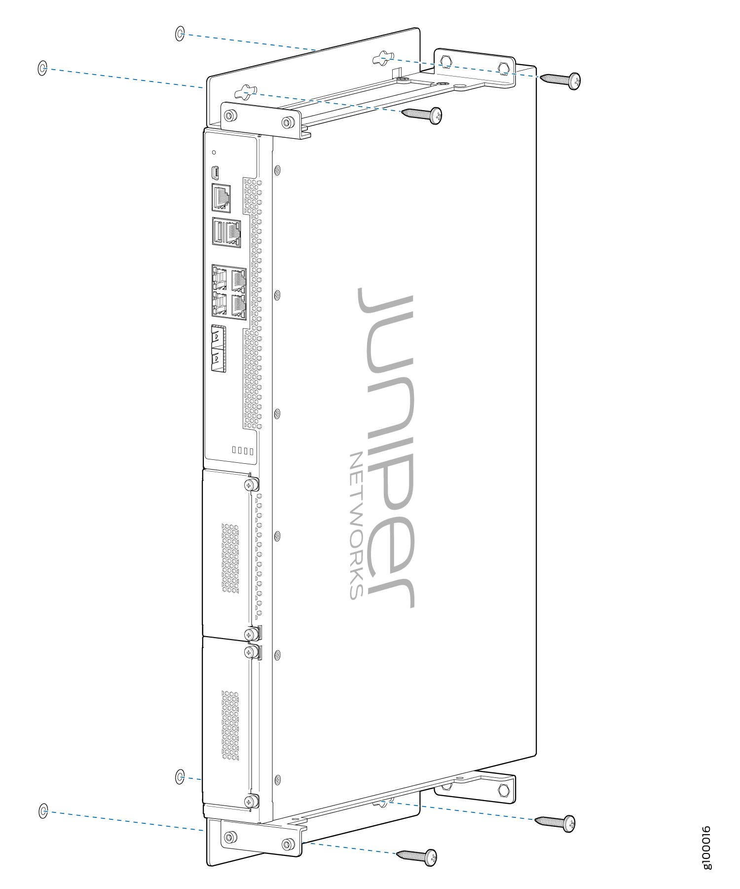 Juniper Networks device mounted on a rack with visible ports and connections.