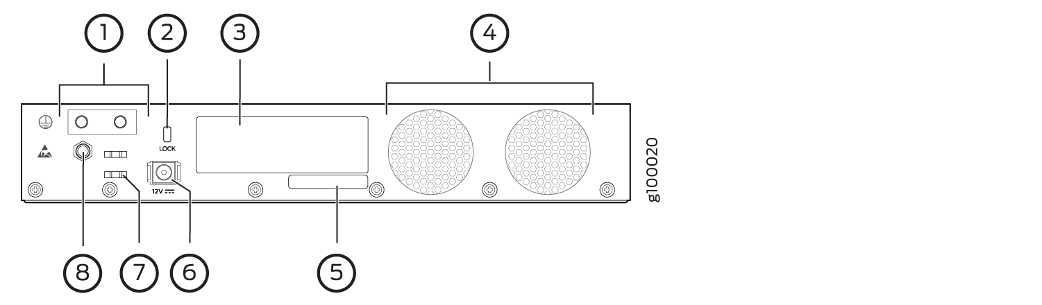 Technical diagram of a device's rear panel with components: Power Input, Lock Mechanism, Expansion Slot, Cooling Fans, Mounting Screws, 12V Power Connector, Status LEDs, Grounding Point.