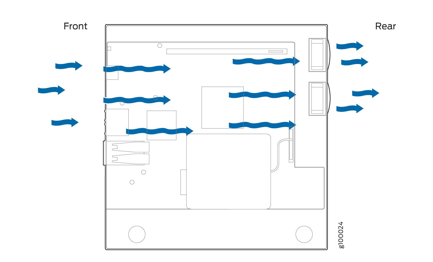 Schematic diagram showing airflow in a device with blue arrows indicating air entry at front, through components, and exit at rear for cooling.