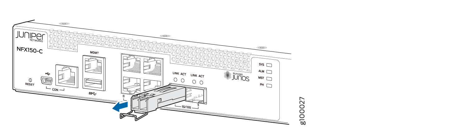Front panel of Juniper Networks NFX150-C showing reset button, console and management ports, SFP slots, LED indicators, and running Junos.