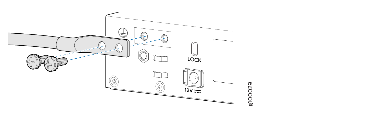 Illustration of cable lug installation with screws onto a labeled panel, showing alignment with panel holes for assembly.