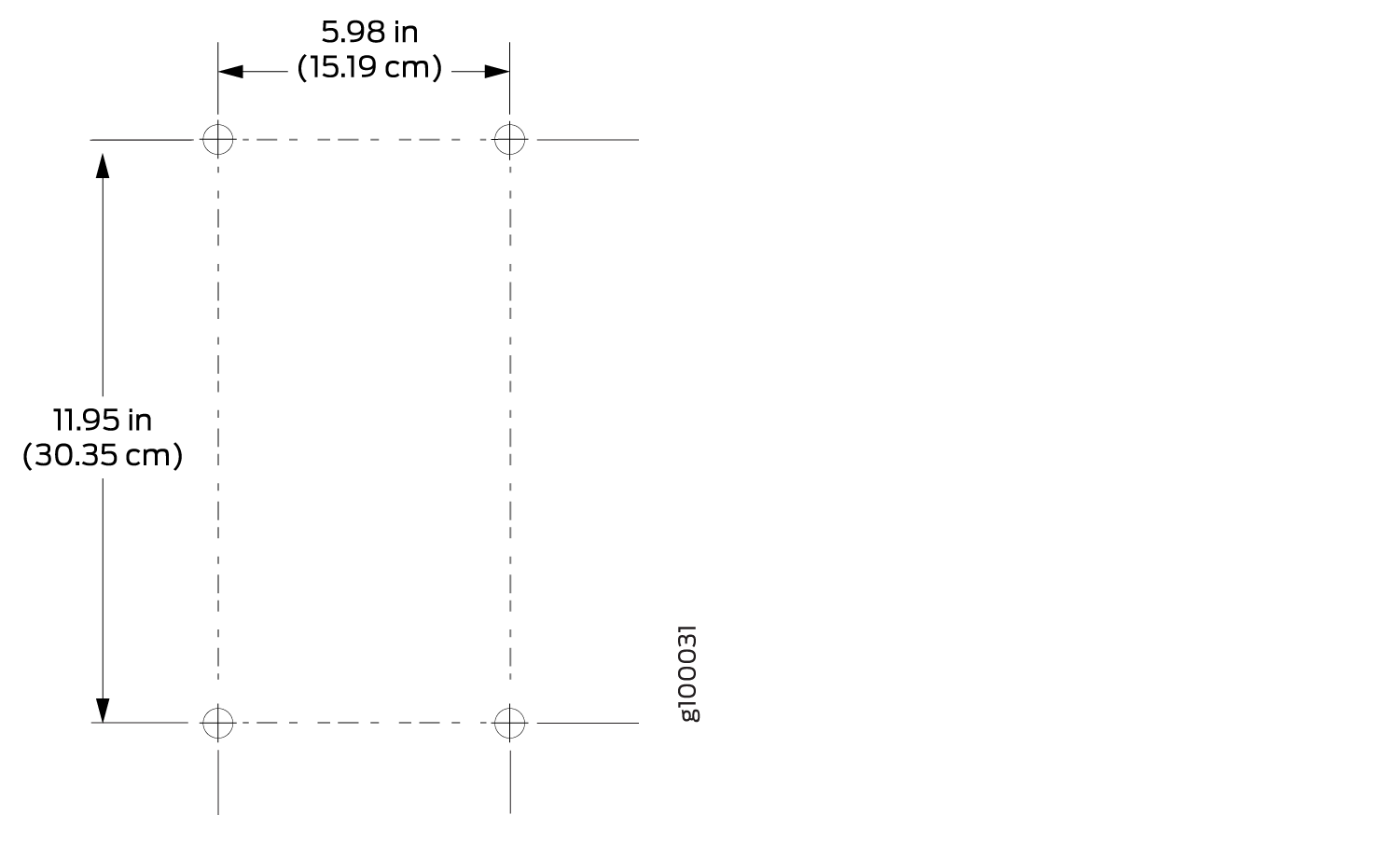 Technical drawing of a rectangular object with width 5.98 inches and height 11.95 inches. Dashed lines show edges; circles indicate mounting points. Part number g100031.