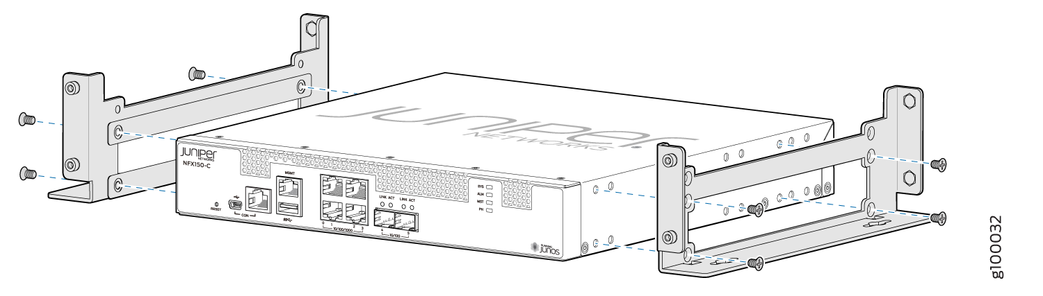 Diagram of a Juniper Networks NFX150-C device being mounted onto a rack with brackets and screws.
