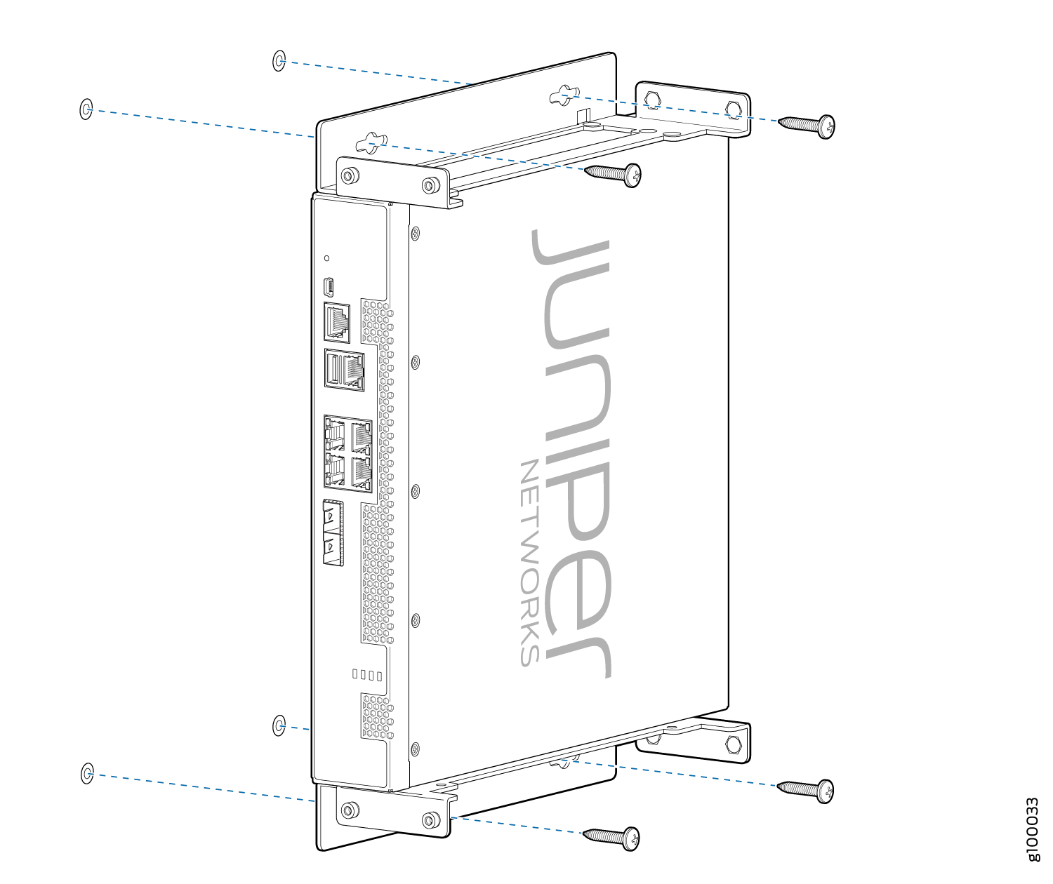 Installing a Juniper Networks device with brackets and screws into a rack as part of an installation guide.