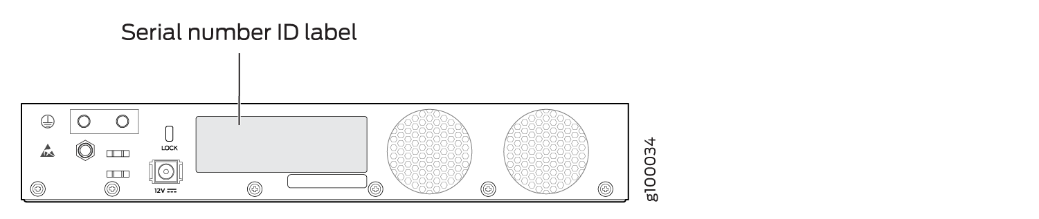 Rear panel diagram of an electronic device showing serial number label, 12V power connector, cooling fans, lock mechanism, and various ports.