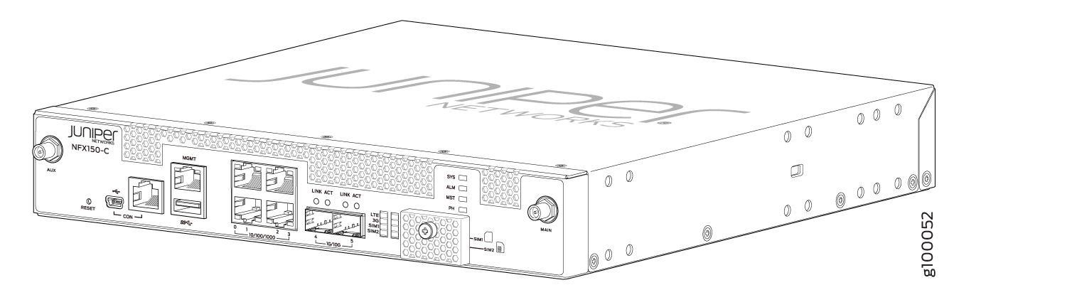 Juniper Networks NFX150-C device front panel with AUX Reset CON MGMT Ethernet ports SIM slots LEDs Main Antenna Connector.